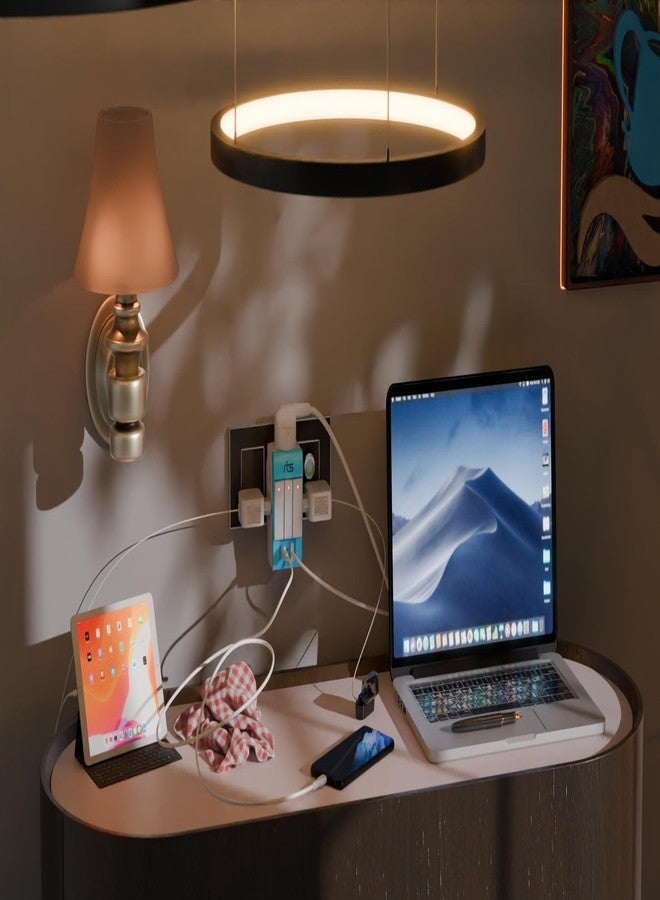 rts مقبس متعدد الأطراف ثلاثي الأطراف من RTS - محول سفر عالمي مزود بمنافذ USB ومنفذ Type-C PD ومفتاح أمان فردي ومؤشر LED - مقبس ثلاثي الاتجاهات (5 أمبير - 250 فولت) من النوع D للمنزل والمكتب - أزرق - Image 3